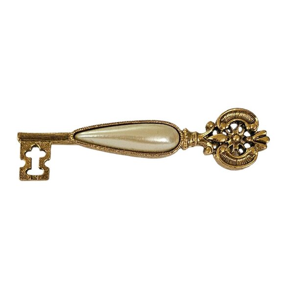 1928 Brand Gold Tone Faux Pearl Skeleton Key Brooch Pin L263 - Picture 7 of 7